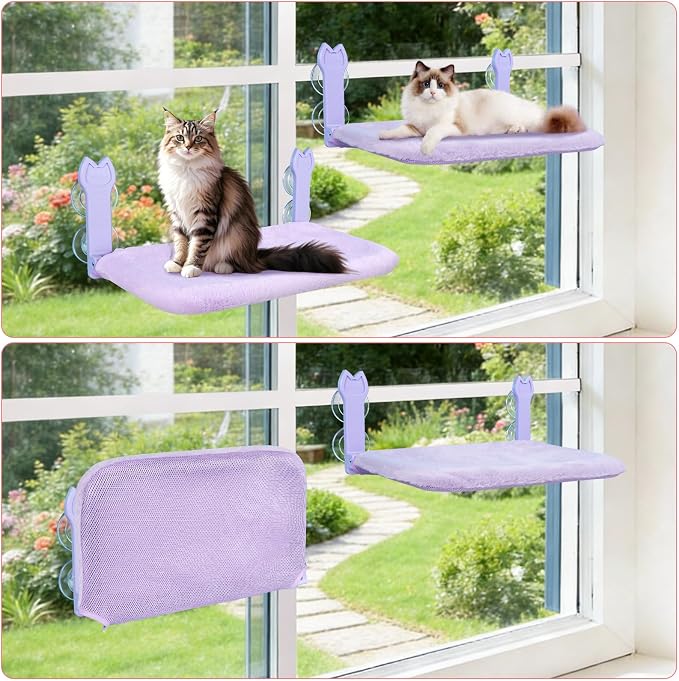 2 Pack Cat Window Perch,Cat Window Hammock Cordless Foldable Window Bed with 4 Large Strong Suction Cup,Reversible Cushion Cover,Metal Frame Easy to Adjust Window Seat Holds up to 40lbs(Purple) - Image 8