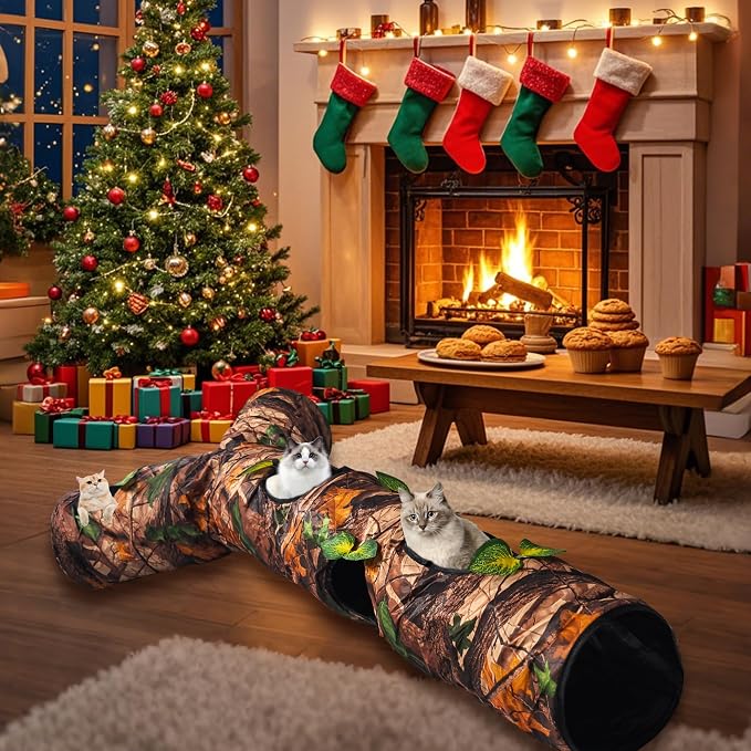 Foldable 3 Way Cat Play Tunnel for Indoor Cats,Cat Tunnel Toy | Camouflage Tree Bark Cat Tube with Peek Hole & Crinkle Paper ,Interactive Play Toy for Cat Kittens, Rabbits & Small Animals - Image 9