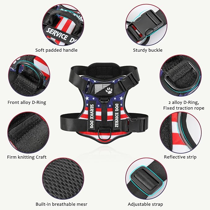 Service Dog Harness, Reflective Dog Vest Harness with 5 PCS Patches, Adjustable Soft Oxford Pet Harness, Inner Layer Mesh, Easy to Control for Dogs (USFLAG, Medium (Pack of 1)) - Image 2