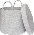 15”x13” Storage Basket with Lid, Blanket Storage for Living Room, Woven Cotton Rope Bin with Cover, Kids Dog Toy Box, Baby Laundry Basket with Lid, Covered Blankets Pillows Holder, Gray by HONCESTA
