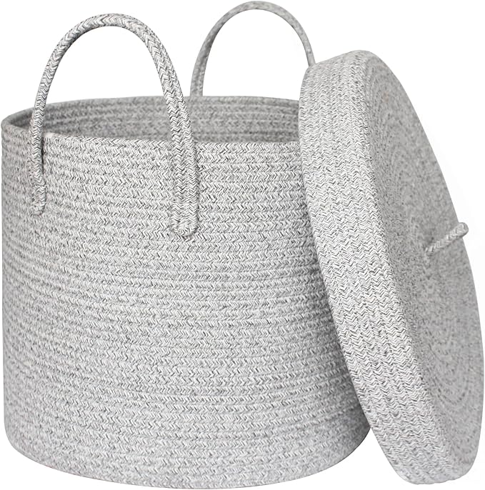 15”x13” Storage Basket with Lid, Blanket Storage for Living Room, Woven Cotton Rope Bin with Cover, Kids Dog Toy Box, Baby Laundry Basket with Lid, Covered Blankets Pillows Holder, Gray by HONCESTA