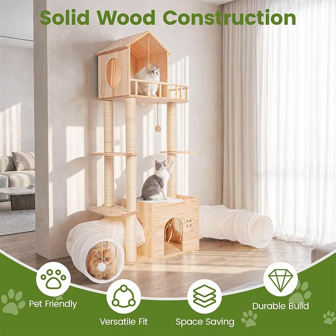 58 Inch Large Solid Wood Cat Tree, Tall Cat Tower for Indoor Cats, Cat Tree House with Double Tunnels, Sisal Scratching Posts, Washable Cushion, Hanging Balls, Natural - Image 3