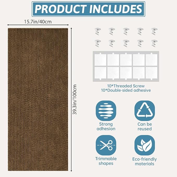 Heavy Duty Cat Scratch Mat for Couch (Brown, 39.3" x 15.8") | Self-Adhesive Furniture Protector for Cats, Trimmable Cat Scratcher Carpet, DIY Climbing Pad for Couch, Sofa, Door - Image 2