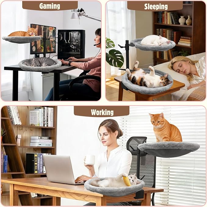 Double Cat Desk Bed, 360° Rotating & Adjustable Heigh Kitten Nest for Desktop, Double Kittens Clamp Hammock Bed with Dual-Sided Reversible Mat for Home Office-Maximum Hold Up to 40lb - Image 7