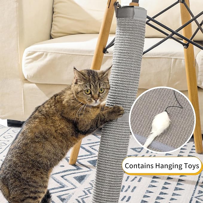 JanYoo 2 Pieces Cat Scratcher Cat Furniture Table Leg Protectors Sisal Cat Scratching Pad Mat Protecting with Hanging Toy(Grey) - Image 4