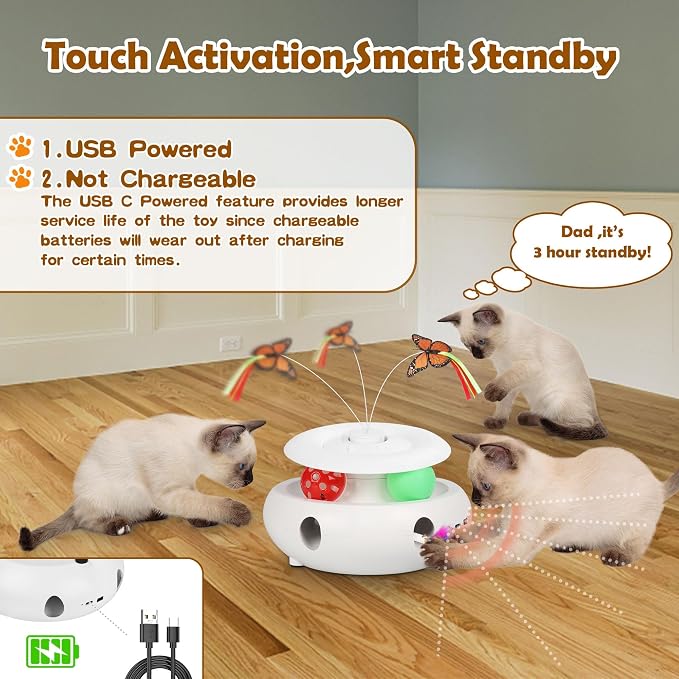 3-in-1 Interactive Cat Toy for Indoor Cats, White | Rechargeable Automatic, Fluttering Butterfly, Moving Feather, Smart Sensor 6 Holes Whack-A-Mole, Track Balls - Image 4