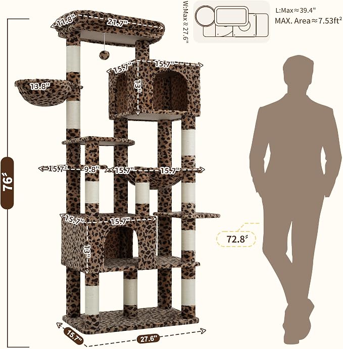 Heybly Cat Tree, 76-Inch Tall Heavy Duty Cat Tower for Big Cats HCT039BW | Multi-Level Large Cat Furniture with Extra Wide Baseboard, 2 Condos & 2 Hammocks, 10 Scratching Posts, Leopard Print - Image 5