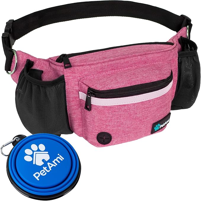 PetAmi Dog Fanny Pack, Treat Pouch for Dog Walking Training, Pink | Built in Poop Bag Dispenser, Water Bottle Holder, Collapsible Bowl, Pet Treat Waist Belt for Hiking Running Kibbles by PetAmi
