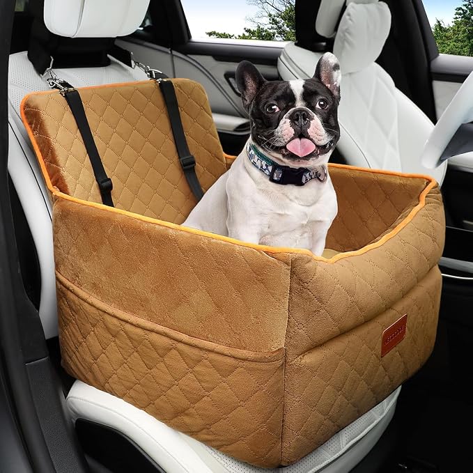 HEGGCOOE Dog Car Seat for Small Medium Dogs, Memory Foam Dog Booster Seats with Thick Cushion for Dogs Under 35lbs, Detachable Washable Pet Car Seat Travel Bed with Storage Pockets,2 Safety Belt by HEGGGCOOE