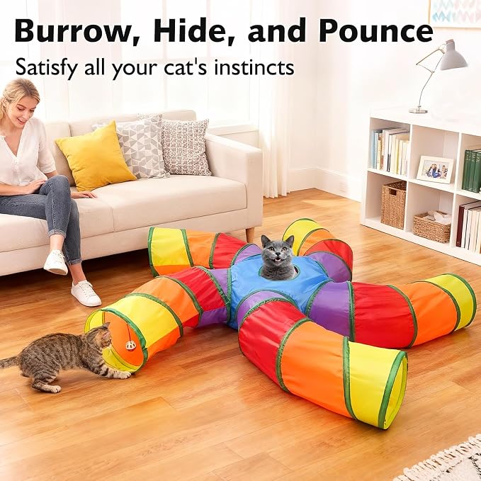 Joytale Cat Tunnel for Multiple Cats, 5-Way Indoor Tube Toy to Chase & Hide | Bell ball & Toy Mouse Included; Peekaboo Hole; Pops Open & Folds Into Zip Bag; Fits Cats to ~12 lb; Kittens & Rabbits Too - Image 7