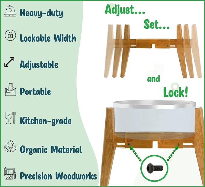 Dog Bowl Stand for Mid-Large Dogs | Adjustable, Bamboo, 12-inch High | Use to Elevate, Raise Pet Food Water and Slow Feeder Bowls, Expandable with Locking Option, Non-Slip Feet, Stand Only - Image 6