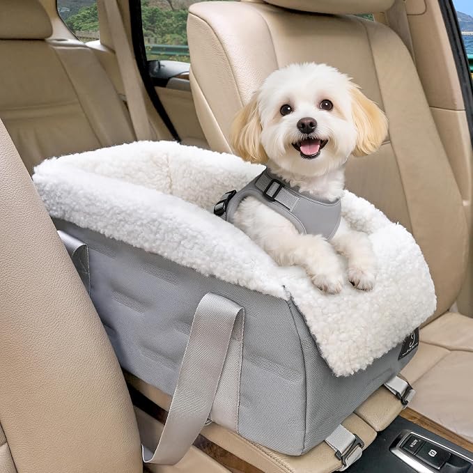 Center Console Dog Car Seat for Small Dogs Under 12 lbs – Secure Booster Seat with Safety Tether, Fits Most Cars & SUVs, Soft Washable Cushion, Portable Carrier Ideal for Pet Travel by A4PET