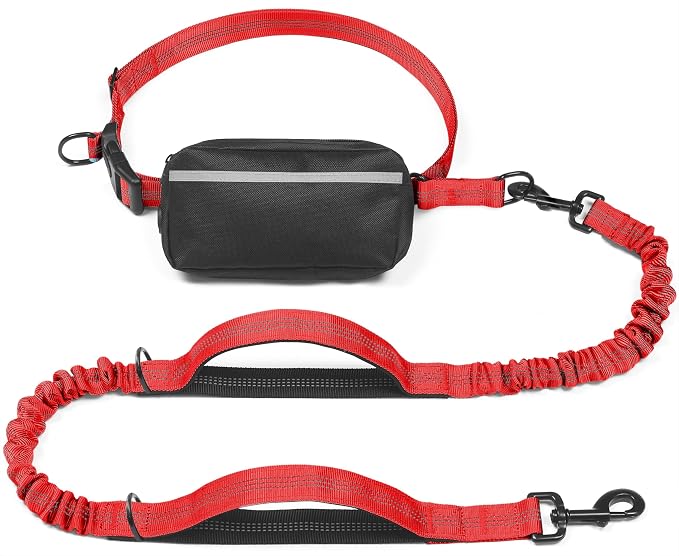 Hands Free Dog Leash with Zipper Pouch, Large, 25-120 lbs, Red | Waist Leash, Dual Padded Handles, Shock-Absorbing Bungee, Adjustable Waist Belt, Walking and Running by iYoShop