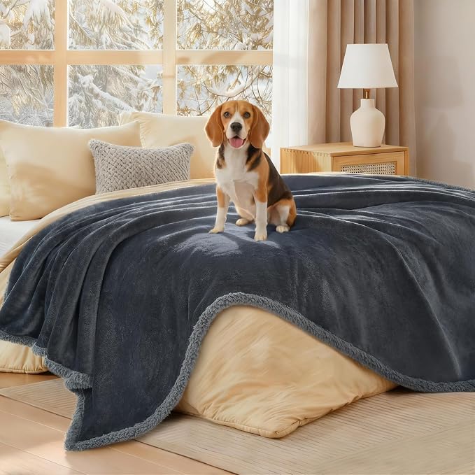 Luciphia Waterproof Bed Blanket Washable, Soft Sherpa Fleece Puppy Reversible Throw Blankets for Medium Large Dog Cat, Furniture Cover Protector Couch Bed from Liquid Pee and Pet Fur, Grey,65" x 57" by luciphia