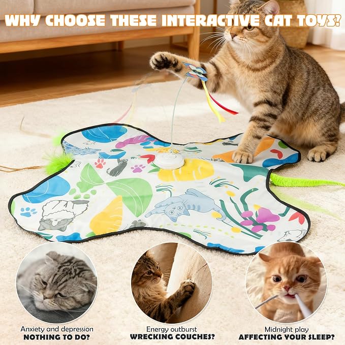 Interactive Cat Toys Rechargeable for 4 in 1 Hide and Seek Game, Moving Concealed Wand Feathers, Real Mouse Squeaky, Durable Exercise Toys for Indoor Cats for Bored Adult Cats Wand Toy - Image 4