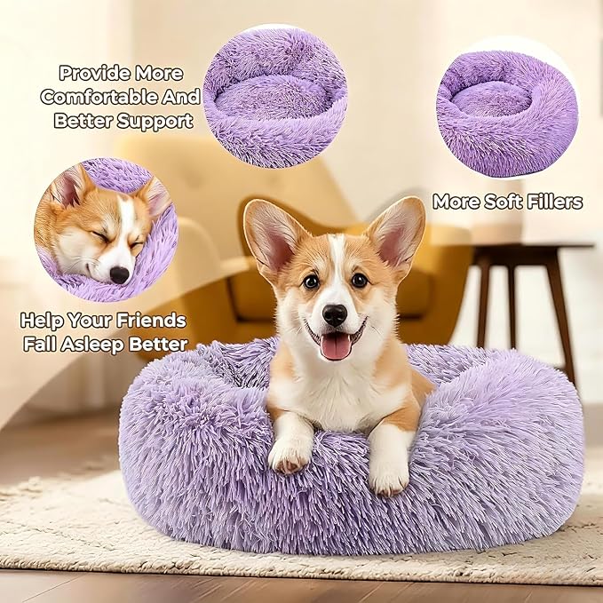 Calming Donut Dog Bed for Small Dogs, Anti-Anxiety Round Washable Plush Fluffy Faux Fur Large Cat Bed, 24 inches Fits up to 25 lbs Pets, Anti-Slip Waterproof Mute Base Purple - Image 4