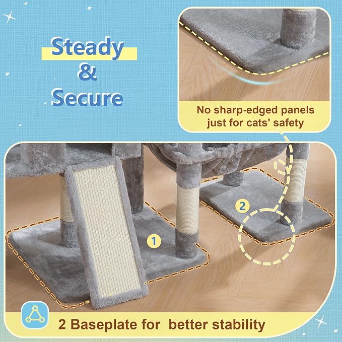 Hey-brother Cat Tree Tower with 3 Condos, Step Climbing Pathway MPJ081W | 74.8 Inches Scratching Post with 3 House, Hammock, Large Basket, Cozy Bed, Sisal Board, Toys for Big Indoor Cats, Light Gray - Image 4