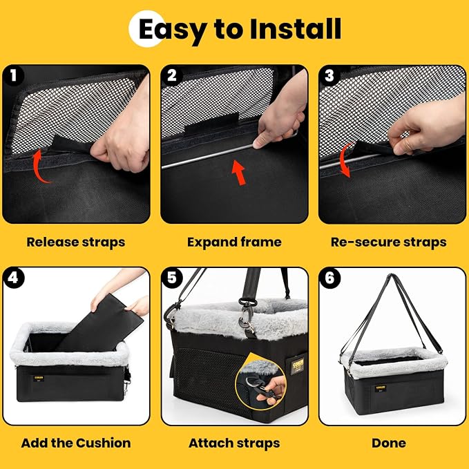 Conlun 2-Pack Dog Car Seat | Steel Frame Anti-Collapse | Small Pet | Black | Heavy-duty Oxford | Rigid Skeleton Stops Wobbling | Leash Prevents Escapes | Elevated Pet Booster for Calm Car Trips - Image 8