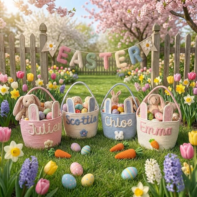 MBBEST Personalized Easter Bunny Basket - Custom 3D Name Cotton Rope Easter Bucket with Cute Ears & Plush Charm, Hand-Woven Easter Egg Hunt Bag, Unique Gift Storage for Kids Toddlers Boys Girls - Image 5