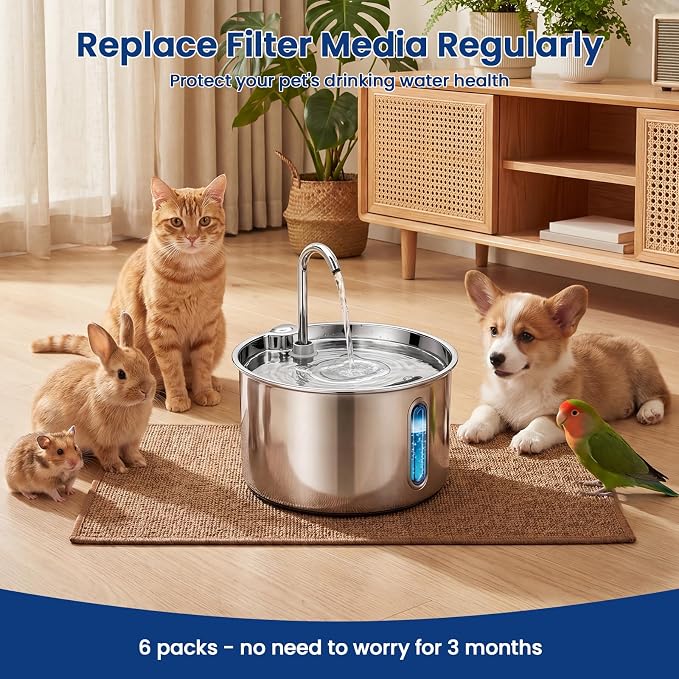 Cat Water Fountain Filter, 6 Pack Replacement Filters & 6 Pack Sponges for 74oz/2.2L & 135oz/4L Stainless Steel Cat Fountain, Pet Water Dispenser Filter - Image 4