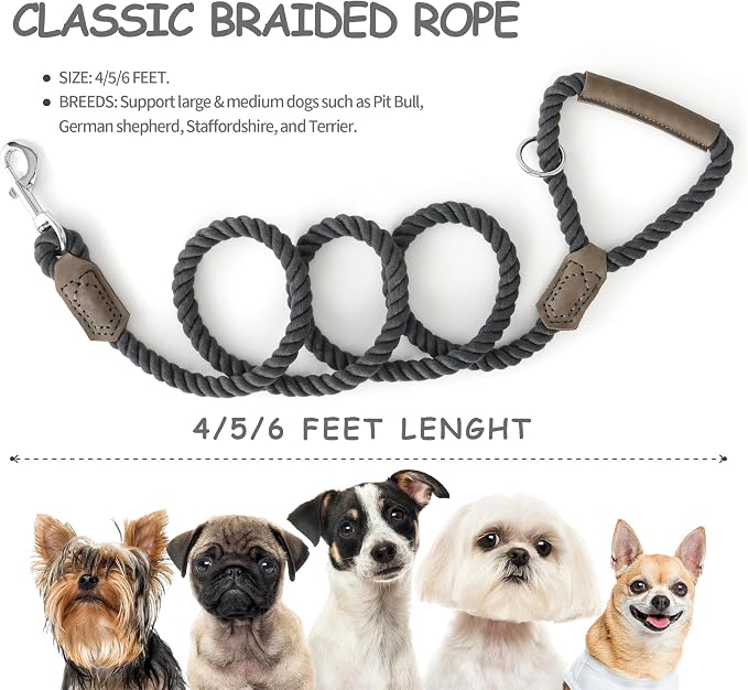 Mile High Life Dog Leash Braided Cotton Rope w/Leather-Wrapped Ends/Handle | Rust-proof 360° swivel clasp, Heavy-duty for medium/large dogs. Great for weddings, daily walks (4 FT, 1/2", Dark Gary) - Image 3