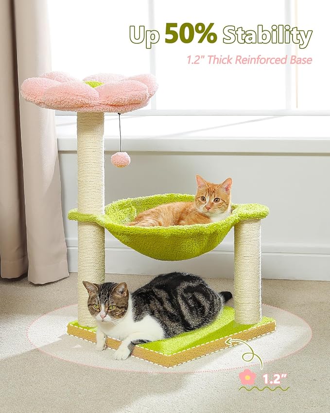 Flower Cat Tree, 28" Cat Tower with Cozy Flower Perch, Large Hammock for Indoor Small Cats, Cute Cat Tree with Sisal Scratching Post and Fur Toy Ball for Kittens, Pink | Plush flower perch, Metal frame hammock, Sisal post, Fluffy toy ball, Thickened st... - Image 5