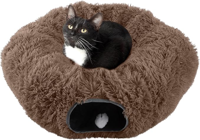 Cat Tunnel with Bed for Indoor Cats - 3FT Multifunctional Cat Tunnel Bed with Toys - Soft, Plush Peekaboo Cat Cave for Kittens, Cats, Ferrets, and Rabbits - Cat Products by PETMAKER (Brown) by PETMAKER