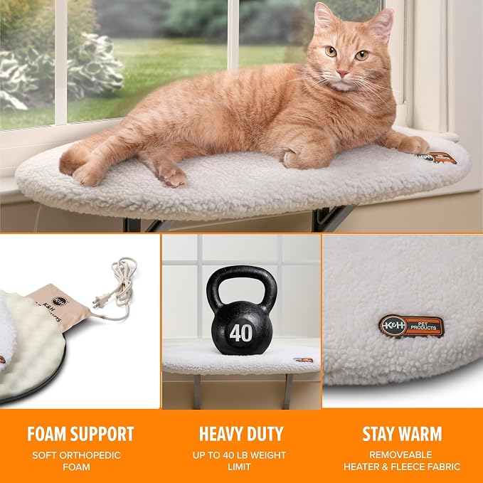 K&H Cat Window Perch, Heated Kitty Sill, Safety Listed, 24x14in, Fleece | Orthopedic Cat Window Hammock Bed Holds 40LBS, Washable Cover, Heated Kitty Windowsill Bed Seat for Indoors, Cream Fleece - Image 4