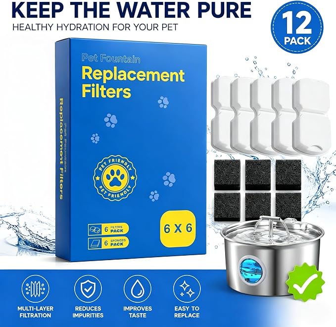 Cat Water Fountain Filter Replacement: 6 PCS Carbon & Sponges | Compatible with UMOCUOY/GIOTOHUN/HOOISE/ATMZIQXR/IHOUONE 74oz/88oz/108oz Stainless Steel Cat Fountains - Image 2