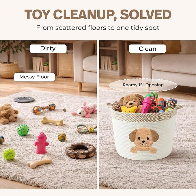 Golden Retriever and Lab Dog Toy Basket, Cotton Rope Storage Bin, 15x11 in | Pet Toy Storage, Blanket and Leash Organizer, Soft Felt Puppy Patch, Dog Mom Gift, Living Room and Crate Side Bin, Spot Clean - Image 2