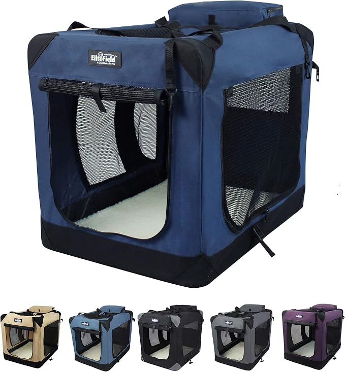 EliteField 3-Door Soft Dog Crate with Bed & Carrying Bag (2-Year Warranty) | 3 Mesh Doors, Steel Frame, Removable & Washable Crate Cover and Bed Cover, Storage Pockets, Indoor/Outdoor, Foldable by EliteField