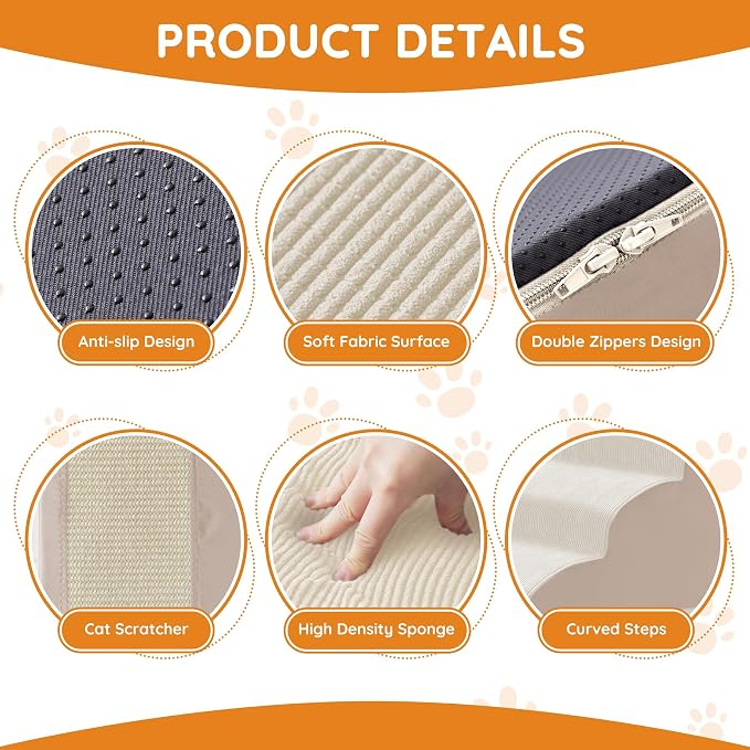 Dog Stairs for Small Dogs 15.7" H, Dog Ramp for Bed, 3-Step, Beige | Dog Steps for Bed, Couch, Pet Stairs with Non-Slip Bottom Design, Cat Scratching,High Density Foam Portable Pet Steps, Indoor - Image 3