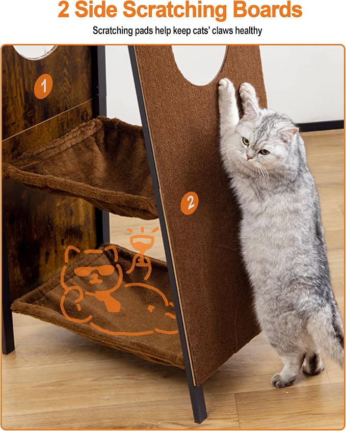 56in Modern Wood Cat Tree Tower for Indoor Cats with Hammock | Multi-Level Climbing Design, 2 Spacious Hammocks, Perch, Cat Condo, Scratching Board, Ideal for Multi-Cat Homes, Rustic Brown - Image 5
