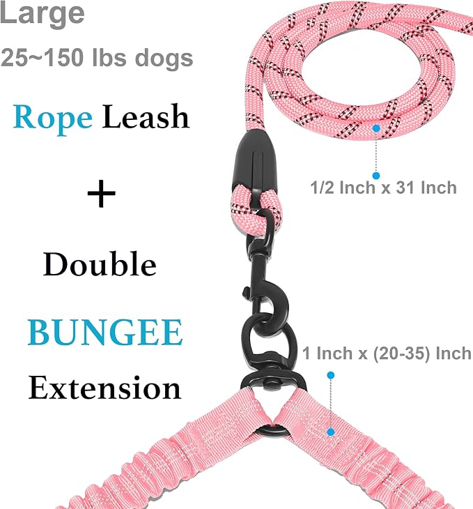 Double Dog Leash, 360° Swivel, No Tangle, Large, Baby Pink | Dual Leash for Two Dogs, Split Leash, Shock-Absorbing Bungee, Padded Handle, Heavy-Duty Rope - Image 2