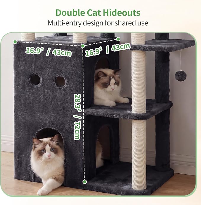Heybly Cat Tree, 69.7 in Secure Anti-Tip Cat Tower for Large Cats HCT065G | Expansive Cat Furniture with Dual-Tier Cat Condo Villa, 2 Top Perches, Hammock & Full Sisal Scratching Posts, Smoky Gray - Image 2