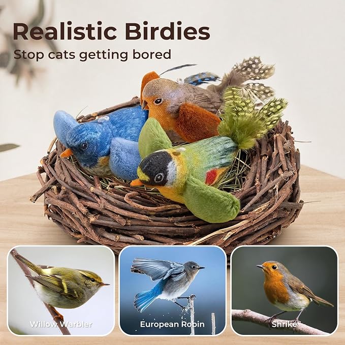 2-pack catnip cat toys that stimulate indoor cats' natural hunting instincts,Interactive plush bird toy with realistic chirping sounds to tease your cat (Green artificial bird + blue artificial bird) - Image 8