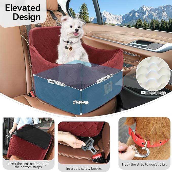 GL GLENSLAVE Dog Car Seat for Small/Medium Dogs&Cats,Thick Booster Car Seat | Dog Car Bed for Pet Under 35lbs, Detachable Washable Pet Car Seat with Storage Pockets, 2 Safety Belts(Red) - Image 4
