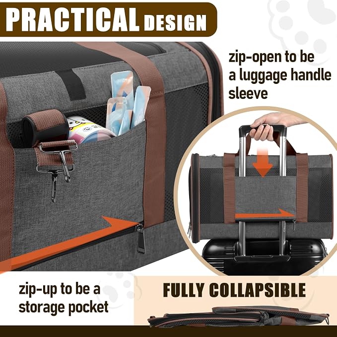 GAPZER Large Cat Carrier Soft, Collapsible Travel Pet Carry Bag, Small Dogs | Large Kitty Cat 20 lbs Maine Coon, Top Load Transport Small Puppy Dog Kennel, Yorkie Little Dog 10lbs, Ventilation Brown - Image 6
