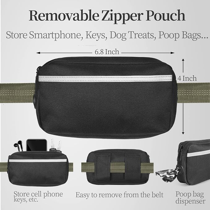 Hands Free Dog Leash with Zipper Pouch, Medium, Military Green | Waist Leash, Dual Padded Handles, Shock-Absorbing Bungee, Adjustable Waist Belt, Walking and Running - Image 3