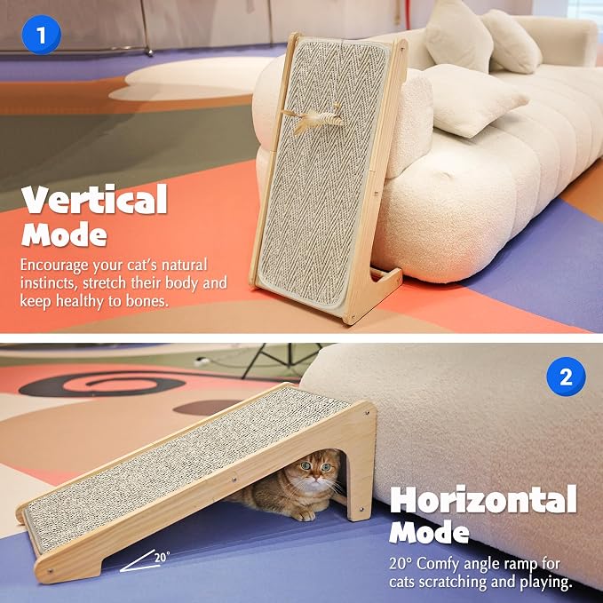 PETKARAY L Shape Cat Scratcher, Sisal Scratching Ramp, Chevron Scratching Pad for Indoor Cats, 27" Wall Furniture Protector with Mouse Toy - Image 3