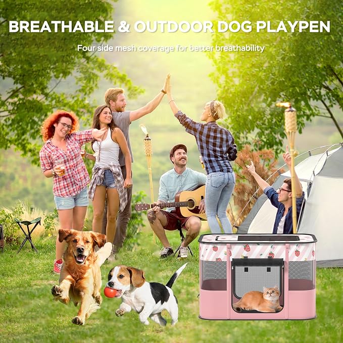 Dog and CAT pop Play Pen,Pets Houses for Dogs and Cats,Indoor&Outdoor Exercise Pen Dog Tent Puppy Playground Large (L, Pink) | Portable Dog Kennel with Upgrade Breathable Mesh，Sturdy Kitten Playpen Indoor & Outdoor for Rabbit or Small Animals，Pink - Image 2