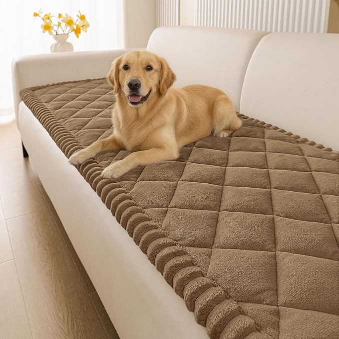 Smiry Non Slip Couch Cover for Dogs, Fuzzy Plush Pet Sofa Protector | Washable Furniture Cover for Large Dogs & Cats, Scratch & Dirt Resistant, For 3 Cushion Couch, Mocha Brown, 27.6"x88" by Smiry