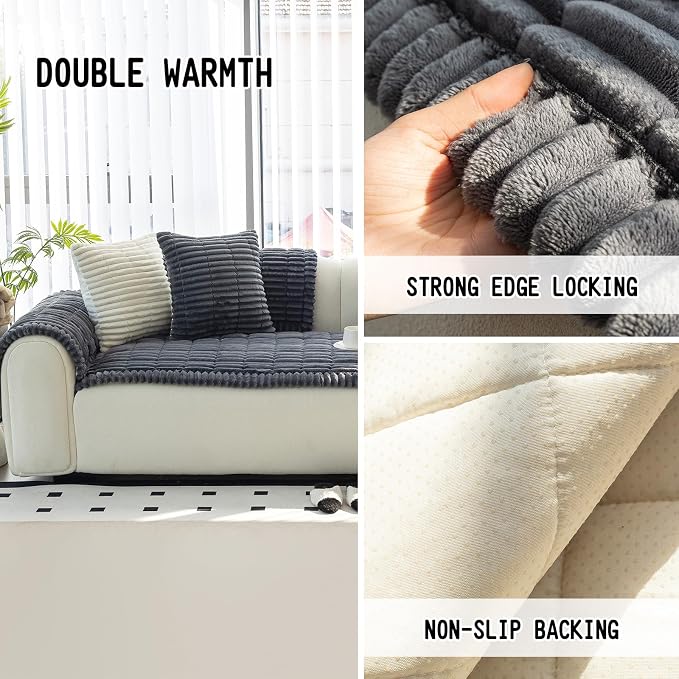 Sofa Couch Cover, Sofa Covers for Dogs Washable, Non-Slip Striped Sofa Slipcovers for Sectional Sofa, Sofa Cover Furniture Protector for L Shaped(Dark Grey, 27.6"x 82.7") - Image 2