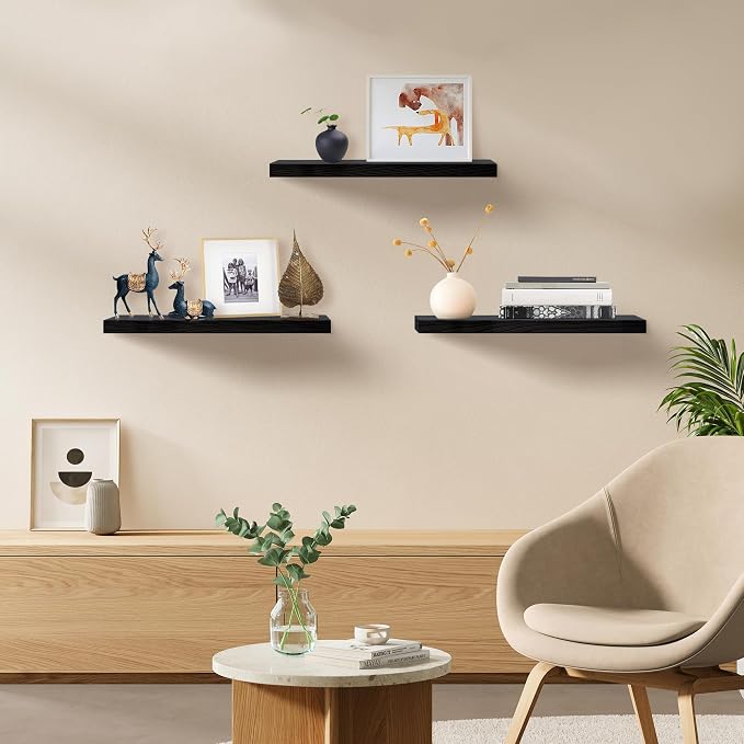 Floating Shelves for Wall Set of 3, 16 Inch Black Floating Shelves Bedroom | Smooth Black Finish, Engineered Wood Structure, Full Mount Hardware, Multi-scene Wall Storage - Image 2