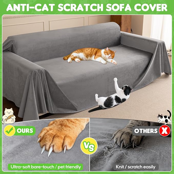 Loiion Cat Scratch Couch Cover Waterproof Sofa Cover 134"x91" Gray | Pet-Friendly Couch Protector, Anti-Scratch & Non Slip Sofa Cover For Cats Dogs Kids, Machine Washable - Image 4