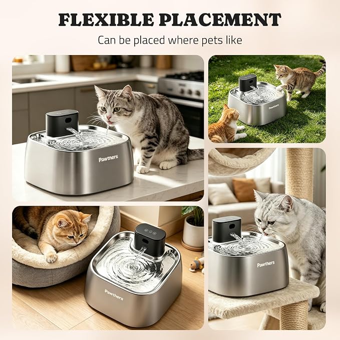 Pawtners Pumpless Cat Water Fountain Stainless Steel 108oz/3.2L, 3 Modes | Automatic Cordless Pet Water Dispenser,Easy Clean,Silent Smart Host,150°Sensor,Motion/Timed/Continuous Mode - Image 5