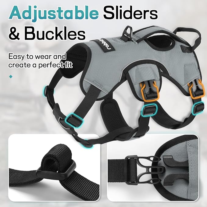 rabbitgoo Escape Proof Dog Harness for Large, No Pull with Lift Handle | No Escape, Full Soft Padded, Reflective Adjustable Vest, Leash Clip for Walking Hiking Training, Grey, Large - Image 7