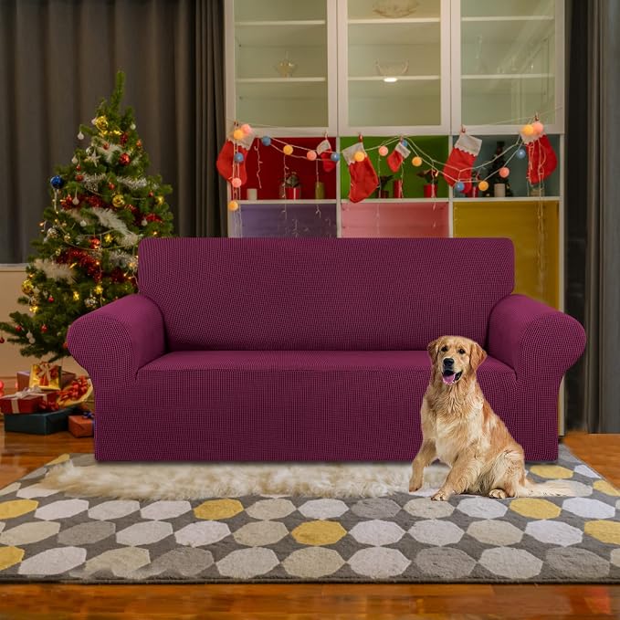KEKUOU Stretch Loveseat Couch Cover, 2 Cushion Couch Slipcover,Wine | 1-Piece Washable Sofa Cover Pet Friendly (55"-78") Furniture Protector Soft Jacquard, Elastic Bottom for Dogs & Kids - Image 2