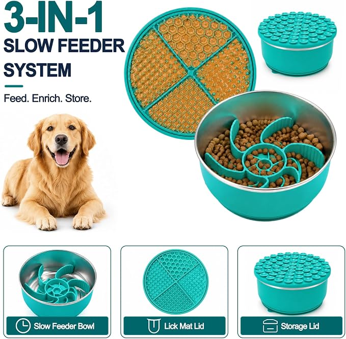 Large Dog Bowl 8 Cups Stainless Steel with Slow Feeder Insert and Lick Mat Storage Lid, 3-in-1 Non-Slip Pet Bowl for Kibble, Wet Food,Travel - Image 3