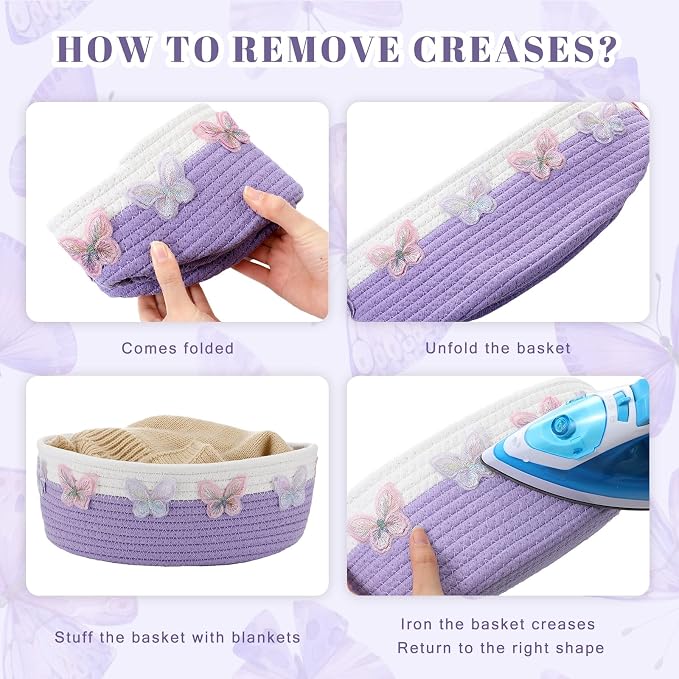 Geelin 3 Pcs Purple Baskets for Gift Cute Butterfly Woven Rope Gift Baskets Rectangle Shelf Organizer Laundry Hamper Storage Bins for Closet Bedroom Decor Nursery Toys Organizing, 11.8''x7.8''x4.7'' - Image 5